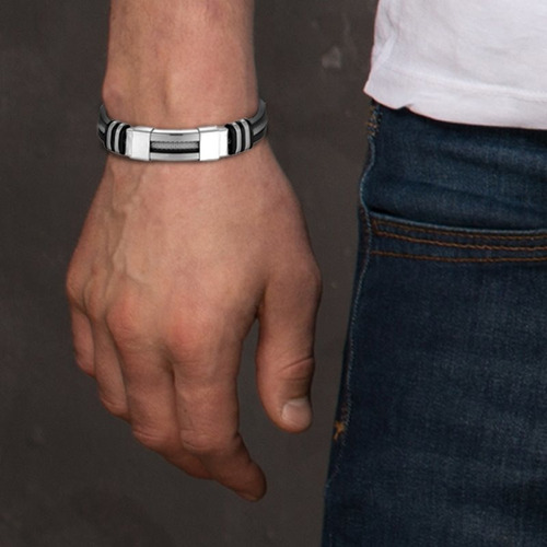 Bracelete Pulseira Masculina De Aço Prateada E Silicone