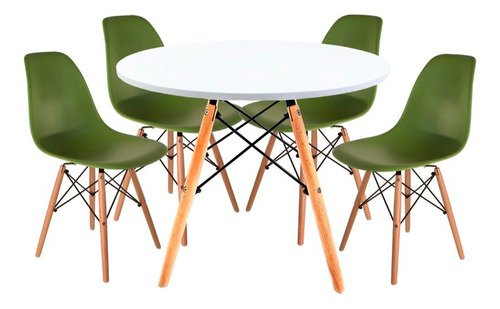 Juego Comedor Eames Mesa Redonda 80cm + 4 Sillas Eames Color Verde Diseño de la tela de las sillas Liso