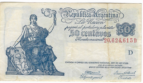 !!! Billete Argentina Serie Progreso  50 Centavos 1945 !!!