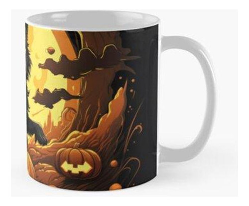 Taza Murciélago Lobo De Halloween Con Luna Y Calabazas Calid