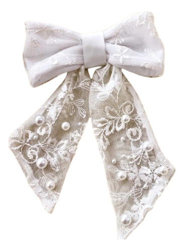 Accesorio Hebilla Fiesta Para Pelo Moño Lazo Bordado Perlas Color Blanco