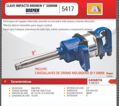 Imagen 4 de 5 de Llave Impacto Neumatica Bremen Enc 1 PuLG Kit C/tubos 30 32 Camiones Cod. 5417 Dgm