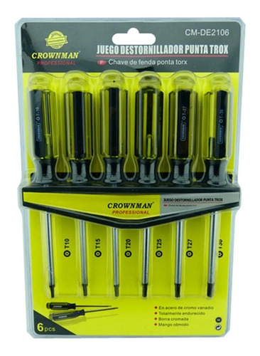 Kit Juego De Destornilladores Torx Estrella 6 Pieza Crownman