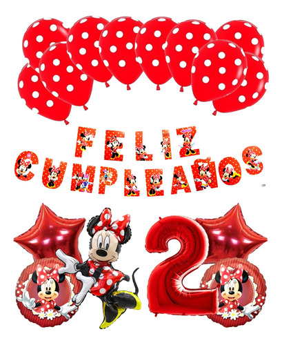 Pack Globos Minnie Roja X 6 + Banderín + Latex Lunares 