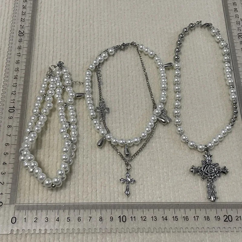 Collar Pearl Cross Con Cadena De Clavícula Multicapa Para Mu