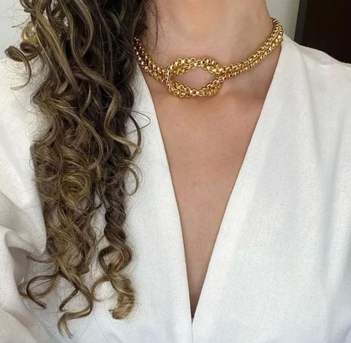 Conjunto Colar + Pulseira  Dupla Com Nó Banhada Ouro+ Brinde