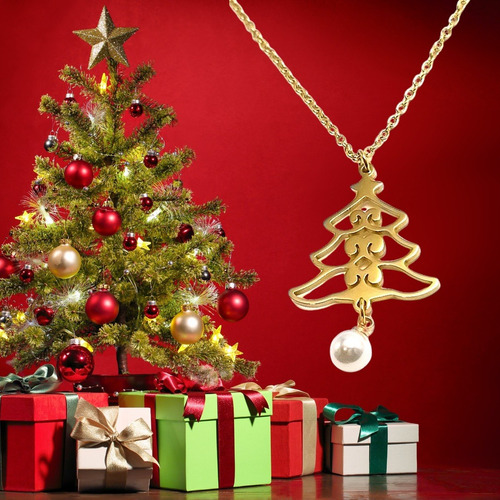 Imagen 3 de 7 de Collar Mujer Dije Árbol Navidad Colgante Regalo Acero Dorado