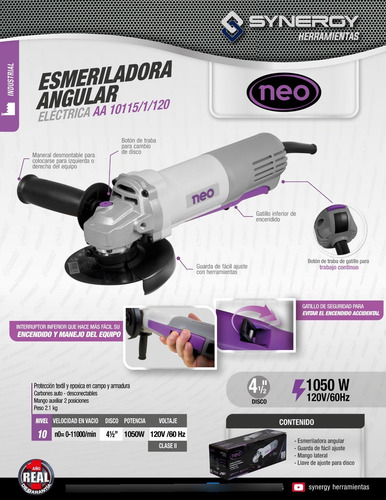 Esmeriladora Angular 120v, 1050w C/ Interruptor Inferior Neo