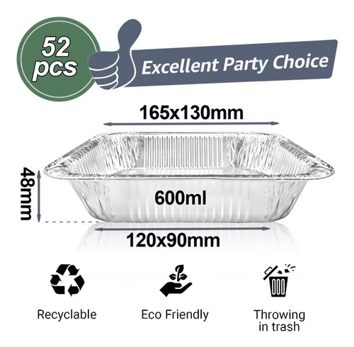 Molde De Aluminio Desechable Con Tapa 16.5 X 13 Cm 52 Piezas