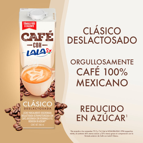Café Lala. Leche Deslactosada Con Café 12 Pzas De 960 Ml