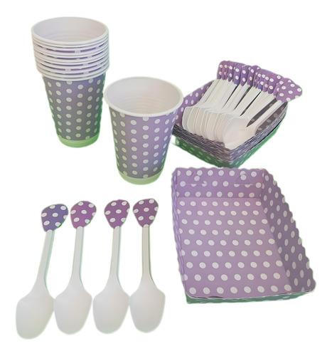 Kit Polka Morado  Vasos+bandejas+curbierto 24invitados