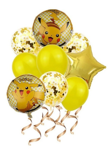 Imagen 1 de 2 de Pack 9 Globos Metalizados Y Latex Pokemon Fiesta Cumpleaños