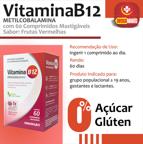 Vitamina B12 Metilcobalamina 60 Comp Mastigáveis Maxinutri