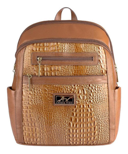 Mochila Grande Feminina De Couro Croco Montanna Cor Caramelo