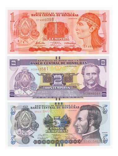 Honduras - Serie 3 Billetes 1 - 2 - 5 Lempiras - Unc