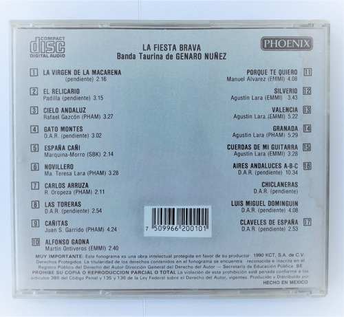 La Fiesta Brava Cd Banda Taurina Genaro Nuñez Toros (Usado)