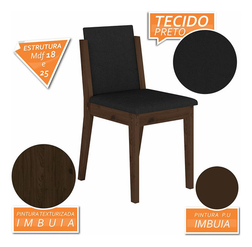 Mesa 1,36 Com 6 Cadeiras Libéria Imbuia/preto/preto - M. A Cor Imbuia/preto/preto 06 Desenho do tecido das cadeiras Liso