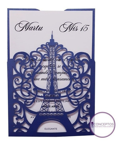 Tarjeta Invitación Calada Torre Eiffel 15 Años X 25