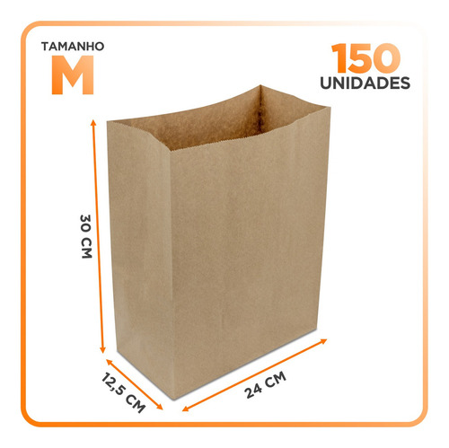 Âmbar Shop Embalagens Kit 150 Sacos Papel Kraft 24 X 12,5 X 30 Cm Tamanho M Delivery Hamburgueria Restaurante