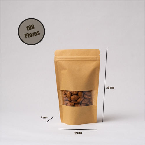 Imagen 4 de 6 de 100 Bolsa Stand Up Pouch Con Cierre Kraft Ventana De 140 Grs