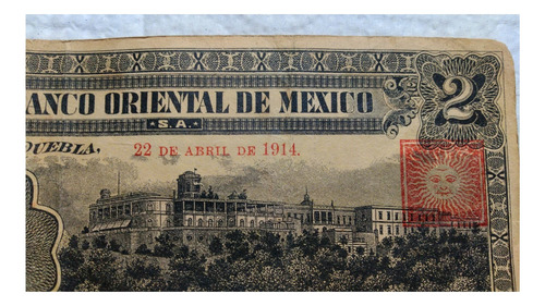 Billete El Banco Oriental De Mexico $2 Pesos 1914 (Usado)