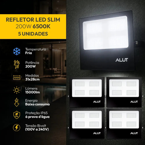 Kit 5 Refletor Led Slim Externo 200w 6500k Branco Frio Ip66 110v/220v Bivolt Preto Cod: ALUT000702-5 Alut By Avant