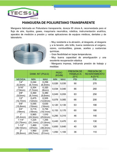 10m Manguera Neumática Poliuretano Tubing Transparente 6mm
