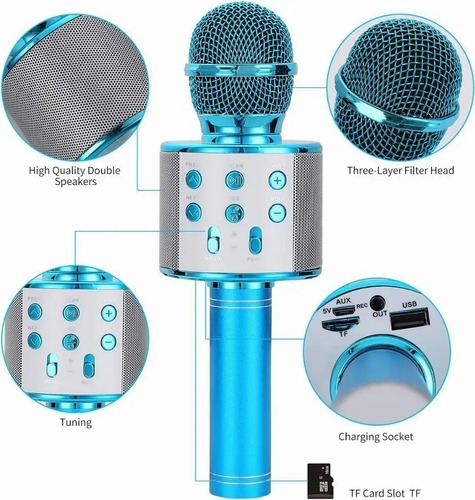 Microfono Karaoke Inalambrico Con Bluetooth Y Bocina Altavoz Azul