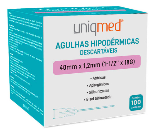 Agulha HiPodérmica 40mmx1,2mm (1-1/2 X26g) Cx C/ 100 Unds Capacidade em volume 18 mL