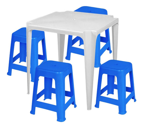 Jogo Mesa Branca Quadrada De Plastico + 4 Banquetas Azul