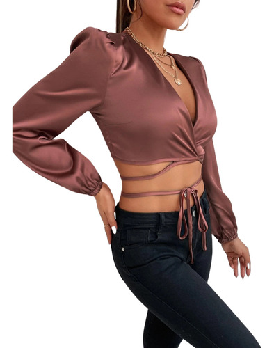 Top Cruzado Satin Casual Manga Larga Farol Mujer Cafe