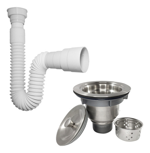 Kit Escoamento Valvula Inox 4 1/2 E Sifao Flexivel Cozinha Kit Instalação Sifão Sanfonado Universal E Válvula Higiênica 4 1/2 Inox Ralo Pia Com Cesto Escoamento Sifao De Plástico Dona D.cor
