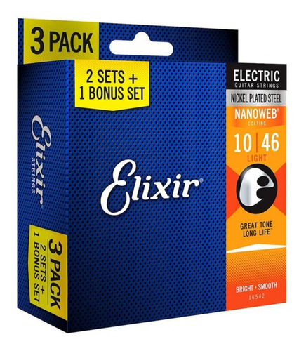 Kit 3 Jogos De Corda Guitarra Elixir 010 046 16542 Nanoweb