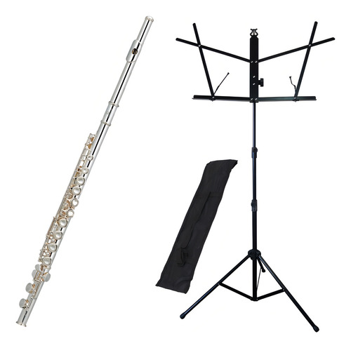 Kit Flauta Transversal Fl-200es Ny + Estante De Partitura S1 Cor Prateado