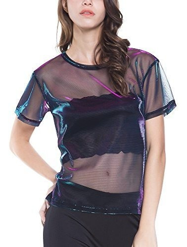 Perfashion Camiseta De Malla Holografica Metalica Con Bril