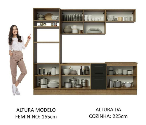 Cozinha Completa Madesa Agata 270001 Armário Balc S Tampo Rp Cor Rustic/Preto