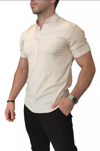 Camisa Camisolin Cuello Mao Lino Elastizado