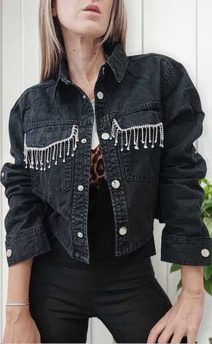 Campera Chaqueta Importada Mujer Bordada Brillo Stras Flecos