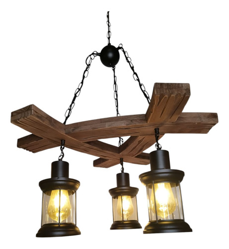Lampara Rustica Colgante De Techo Madera Y 3 Faroles