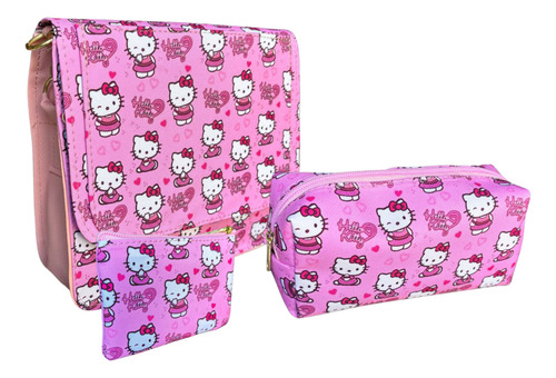 Bolsa Cross Body Para Dama Niña Modelos 3pz Acabado De Los Herrajes Oro Color Rosa Correa De Hombro Rosa Diseño De La Tela Hello Kitty 2