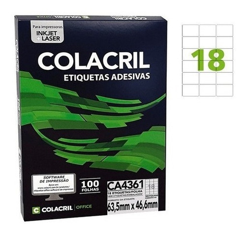 100 Folhas Etiquetas Colacril A4 - Ca4361 (18 Etiq/folha) Cor Branco