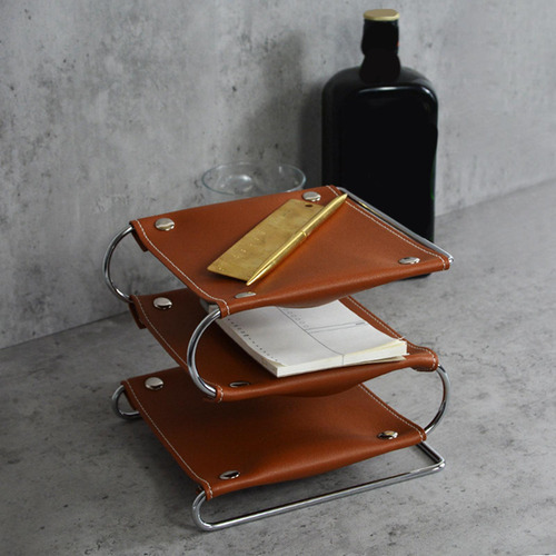 Rack De Armazenamento De Mesa De Couro De 3 Camadas Suporte
