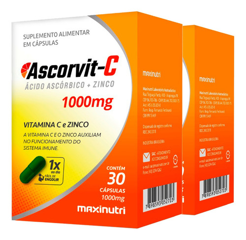 2 Vitamina C 1000mg + Zinco Ascorvit-c Com 30 Cápsulas