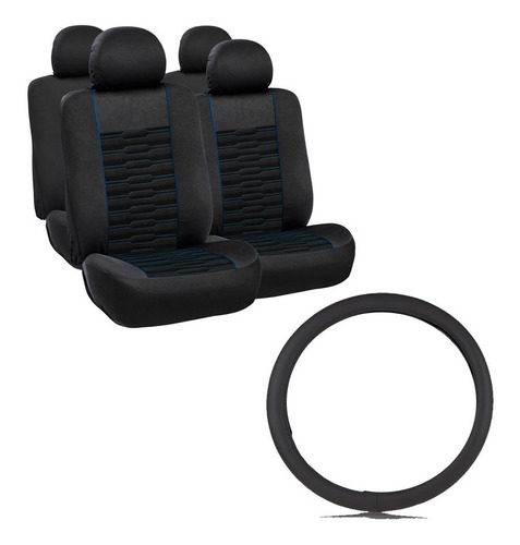 Cubre Asiento Negro - Azul  + Cubre Volante 