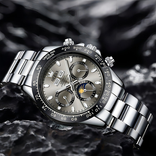 Reloj Automático Olevs 6654 Moon Phase Chronograph Color del fondo Gris