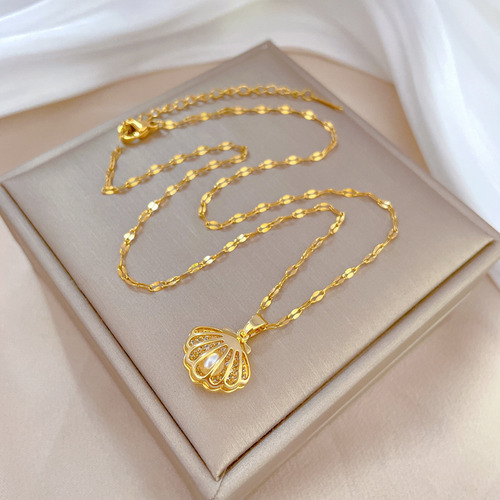 Collar Con Colgante De Concha Y Perla De Acero Inoxidable