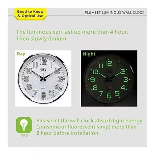 Plumeet Reloj de pared con luz nocturna de 13 pulgadas, reloj de pared para  dormitorio con función silenciosa y brillante sin tictac, reloj de pared