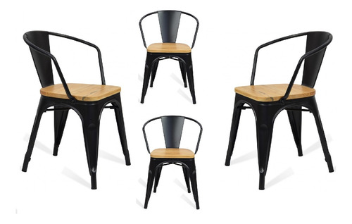 Kit 4 Cadeiras Tolix Iron Com Braços Assento Madeira Allight Cor da estrutura da cadeira Preto