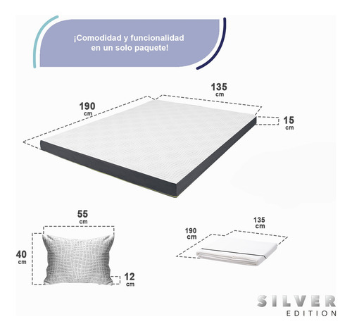 Colchón Matrimonial En Caja 15cm + Juego Sábanas Y Almohada Blanco Con Gris
