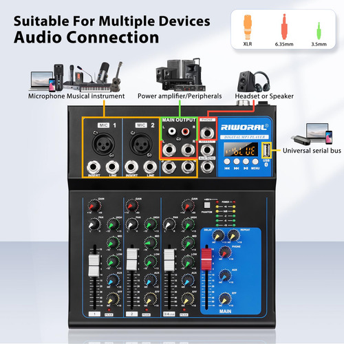 Audio Interface Mixer Riworal 4 Channel W/ Bluetooth +48v